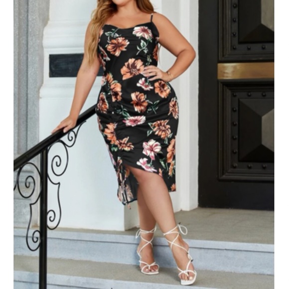 Plus size luxe floral print drawstring side cami dress - Picture 15 of 15